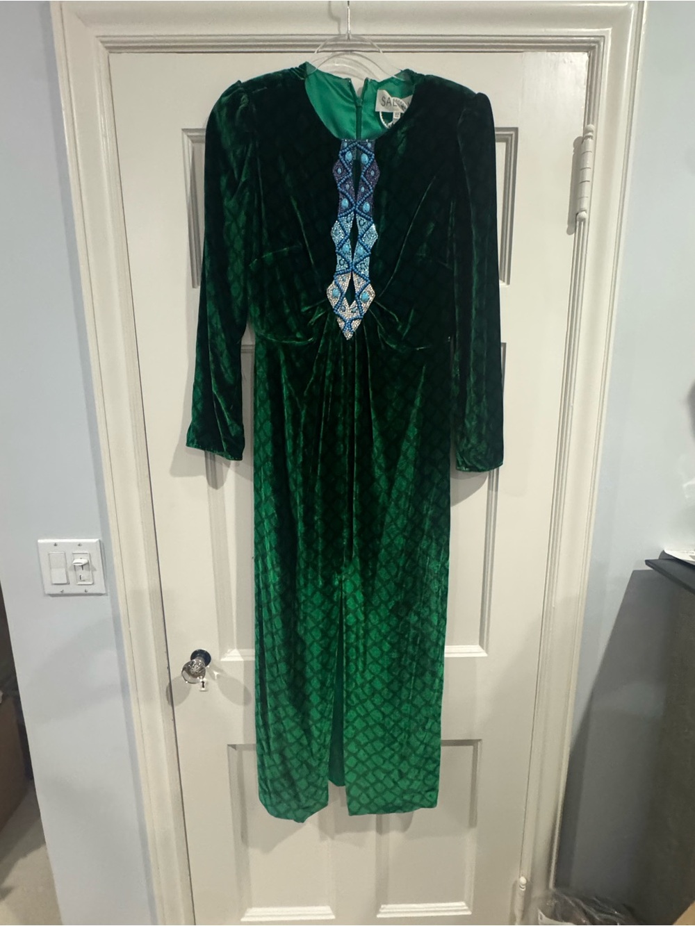 SALONI Emerald Green Velvet Long Sleeve Dress with Blue Embroidered Placket